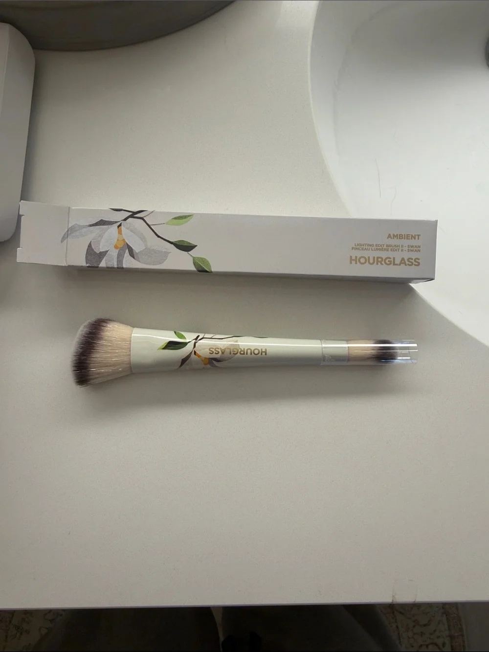 Hourglass Double-Ended Ambient Face Brush in Cream with Floral Accent